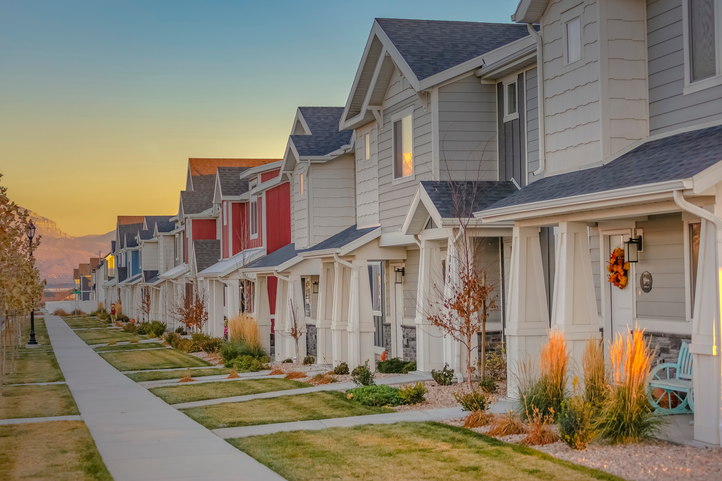 Townhomes in a row at sunset in Utah Valley